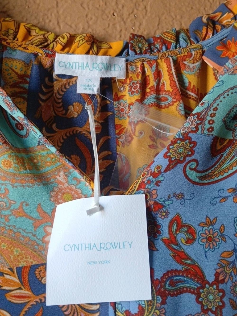 Boho Patchwork Paisley Off-Shoulder Women's Top - Turquoise & Mustard - Picture 2 of 2